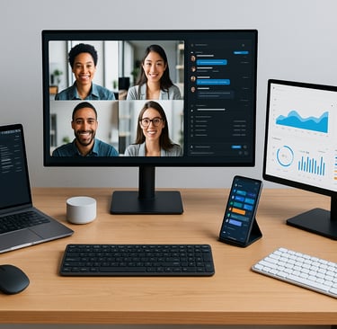 Estação de trabalho remota moderna com três monitores, notebook, smartphone, teclados, mouse e acess