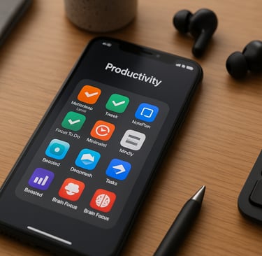 Smartphone moderno sobre uma mesa de madeira clara exibindo na tela uma grade de aplicativos de prod