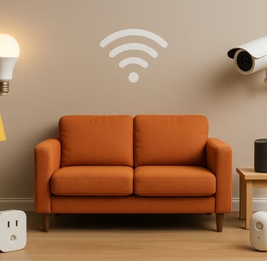 Sala de estar moderna com sofá laranja centralizado, rodeado por dispositivos de Internet das Coisas
