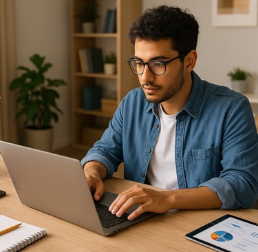 Pessoa trabalhando com tecnologia em casa, usando notebook e ferramentas digitais, representando com