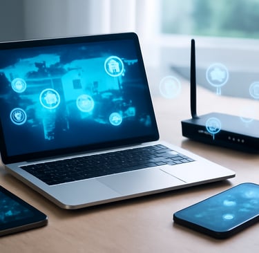 Imagem digital de alta resolução mostrando a conectividade entre dispositivos eletrônicos em uma mes