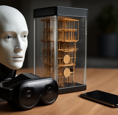 Imagem realista de alta resolução mostrando uma cabeça de robô humanoide, um módulo de computador qu