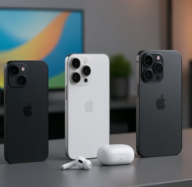 Três modelos de iPhone recentes, incluindo versões Pro, alinhados sobre uma superfície cinza com um
