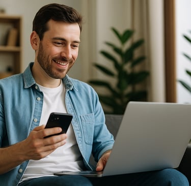 Homem sorridente usando inteligência artificial no cotidiano, sentado em uma sala moderna com laptop