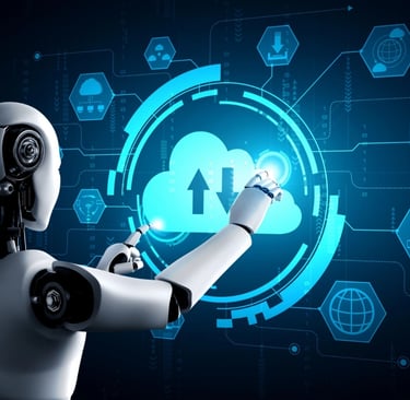 AI robot touching a digital cloud computing icon with upload and download arrows, surrounded by futuristic data and network g