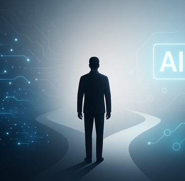 Silhouette of a man walking on a path toward an AI icon, symbolizing business transformation through artificial intelligence.