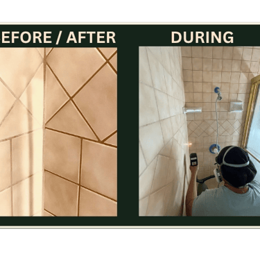 Before, during, and after laser cleaning of ceramic tile and grout lines in Southern California shower