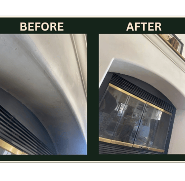 Before and after laser cleaning of soot-stained fireplace arch and brass screen surround