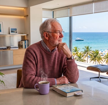  image of a elder gentelmen, in the modern apartment with the view of the ocean and palm trees 