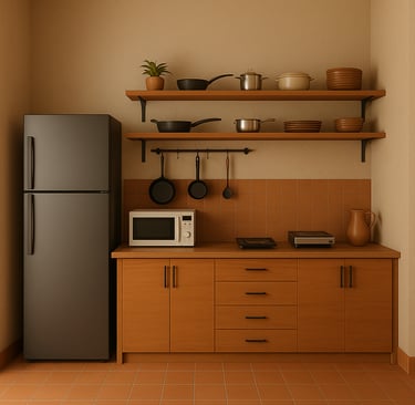 a pantry kitchen with a microwave, utensils and fridge