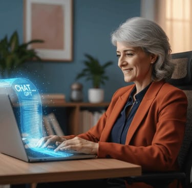 Smiling woman typing on a laptop as a glowing ChatGPT interface rises from the screen