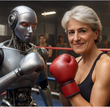 Woman in boxing ring faces metallic AI robot, both in boxing stance, sharing wry standoff.