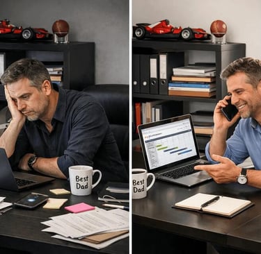 Before and after - man drowning in desk chaos, then confident and in control of his business
