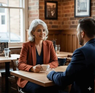 A woman and man having a relaxed conversation over coffee in a cafe