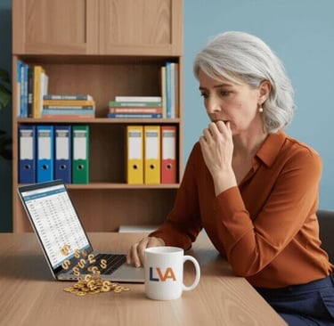 Worried woman studying a spreadsheet as money leaks out across the desk.