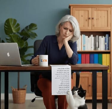 Overwhelmed woman at her desk staring at a long task list, too tired to stop the cat playing with it