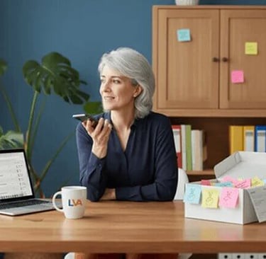 Woman at desk recording a voice note, surrounded by sticky notes and an open laptop. LVA mug visible