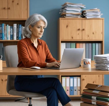 Woman working at a laptop surrounded by towering piles of unfiled papers and folders.