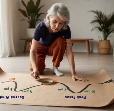 Woman crouching over a large paper map of her daily energy dips and peaks, magnifying glass in hand