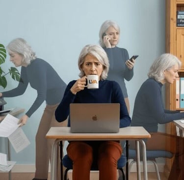 Woman at desk, surrounded by ghost images of herself multitasking and reacting to demands.
