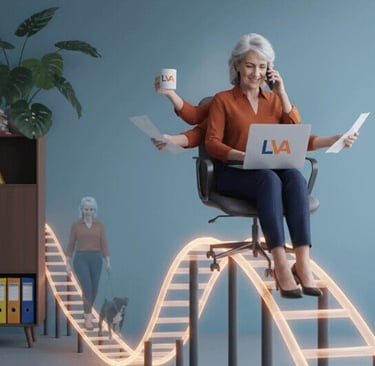 Woman multitasking on a rollercoaster, behind is a ghost image of herself walking her dog.