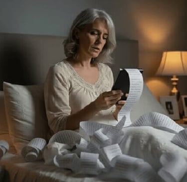 The invisible workload - woman awake at night in bed, surrounded by endless paperwork and receipts