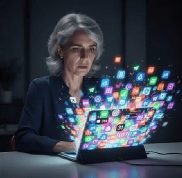 Digital overwhelm - woman engulfed by hundreds of app icons exploding from her laptop screen