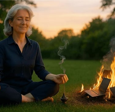Woman meditating peacefully outdoors - laptop and devices burning on a bonfire beside her