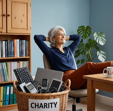 Woman relaxed at her desk - invisible workload cleared, charity basket of old tech ready to go