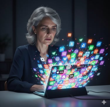 A business woman looks overwhelmed by unused, glowing AI productivity apps