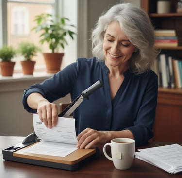 A smiling business woman uses a paper shredder, decluttering her workspace.