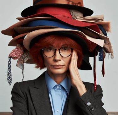 Woman overwhelmed by a towering stack of hats - juggling too many roles at once