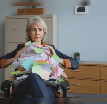 Anxious woman buried under a chaotic pile of papers and sticky notes in her office chair.