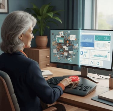 Woman pressing a reset button at her desk as a chaotic screen transforms into a clean dashboard