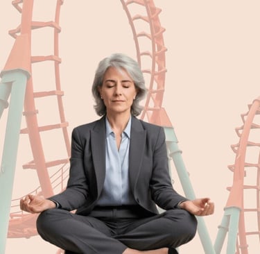 Woman meditating calmly in front of a looming rollercoaster