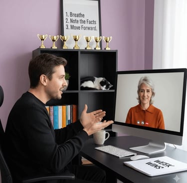 Man on a video call, trophies lined up behind him and a Week Wins notepad on the desk