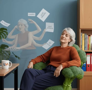 Woman "lays like broccoli" while her ghost self frantically juggles last-minute urgent tasks.