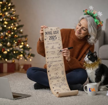 A businesswoman shows her cat her 2025 Done List in preparation for Christmas holidays
