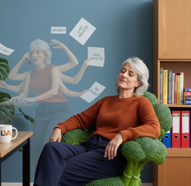 A businesswoman sits calmly in a green armchair as a ghostly multitasking version behind is stressed