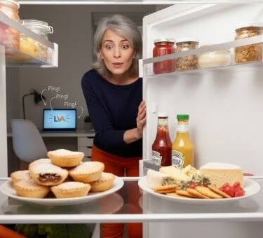 Woman distracted by Christmas food while her laptop pings unanswered in the background.
