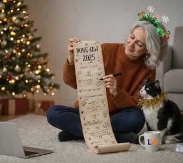 Woman in Christmas headband showing her tinsel-wearing cat a long completed to-do list.