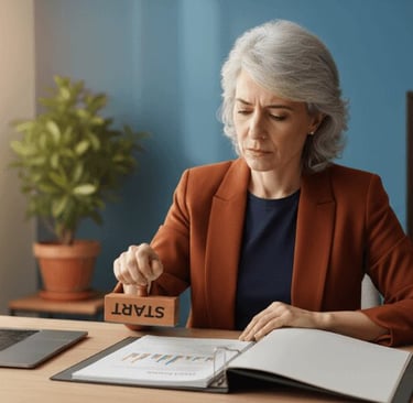 Woman pressing a START stamp onto a document at her desk, laptop and charts open beside her.
