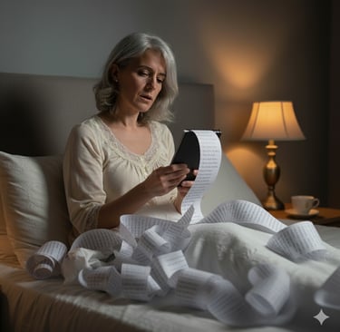 A business woman in bed, holding a never-ending to-do list.