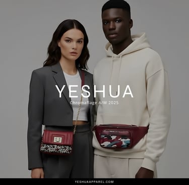 a man and woman standing next to each other, showcasing leather accessories