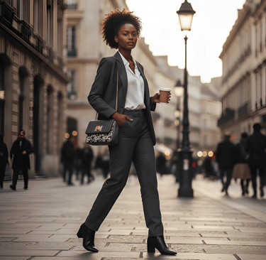 a woman in a suit and heels walking down a street