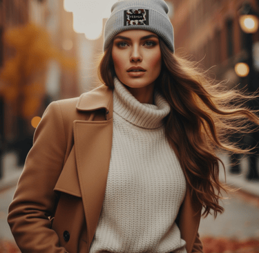 A chic outfit featuring a camel coat, cream sweater, black trousers, and YESHUA boots and beanie