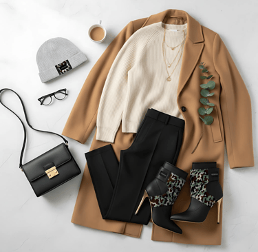 A chic outfit featuring a camel coat, cream sweater, black trousers, and YESHUA boots and beanie