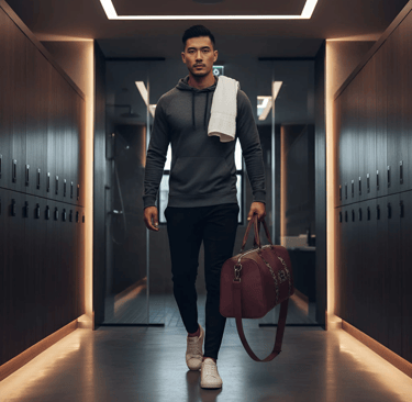 a man in a gray hoodie and a gym bag