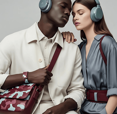 Contemporary photo of an interracial male and female couple in studio  wearing premium clean fashion