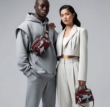 a man and woman standing next to each other showcasing stylish leather accessories